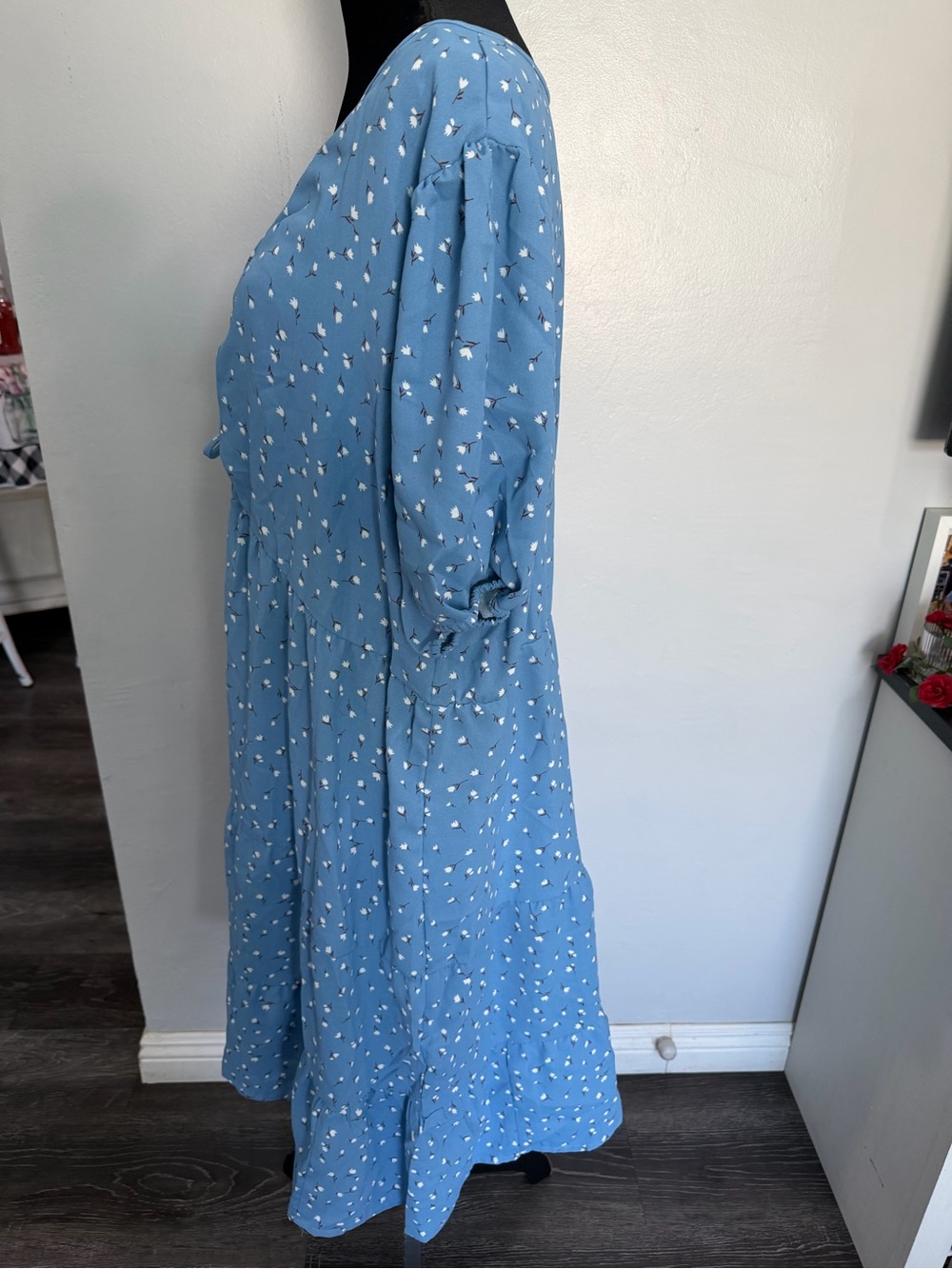 Light Blue Floral V-Neck Tiered Midi Dress 3XL #349 - Picture 3 of 4